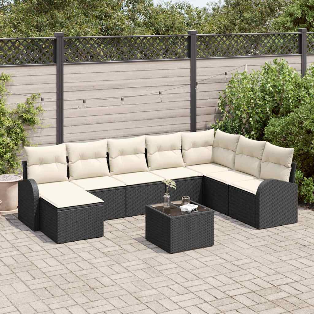 Garten-Sofa-Set mit Kissen 9 pcs Schwarz und Weiß Poly Rattan